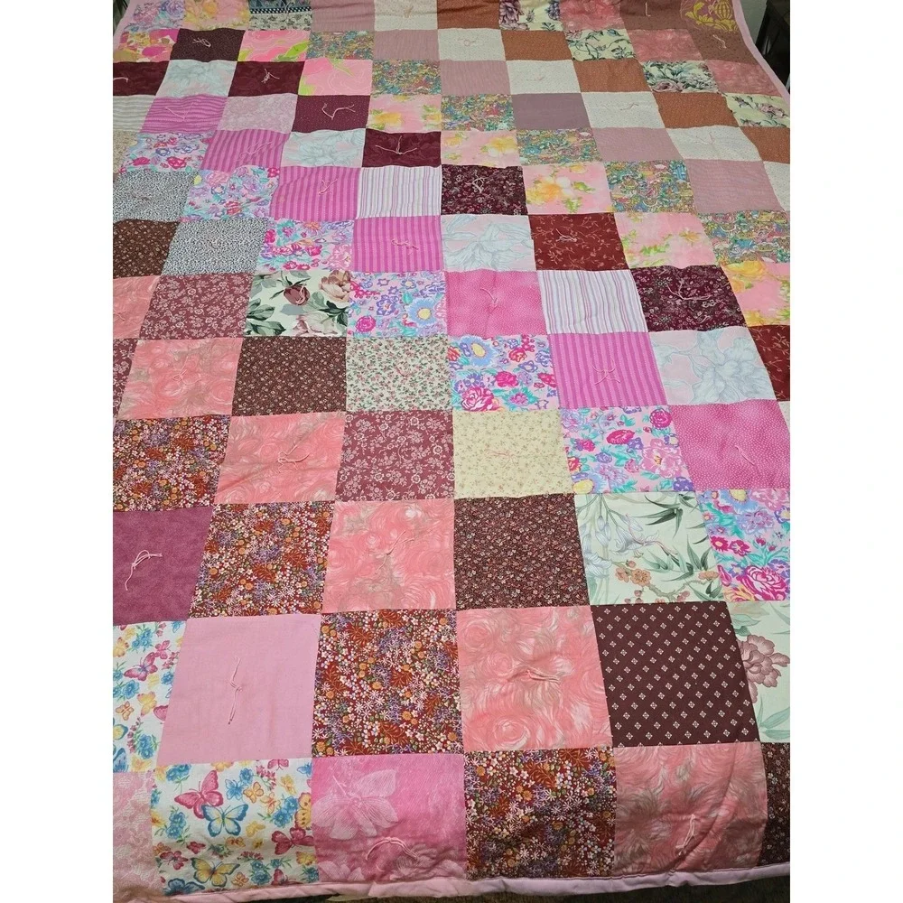 New Handmade Patchwork Quilt Pink Floral Butterflies Queen Bedding Cover /0190‎